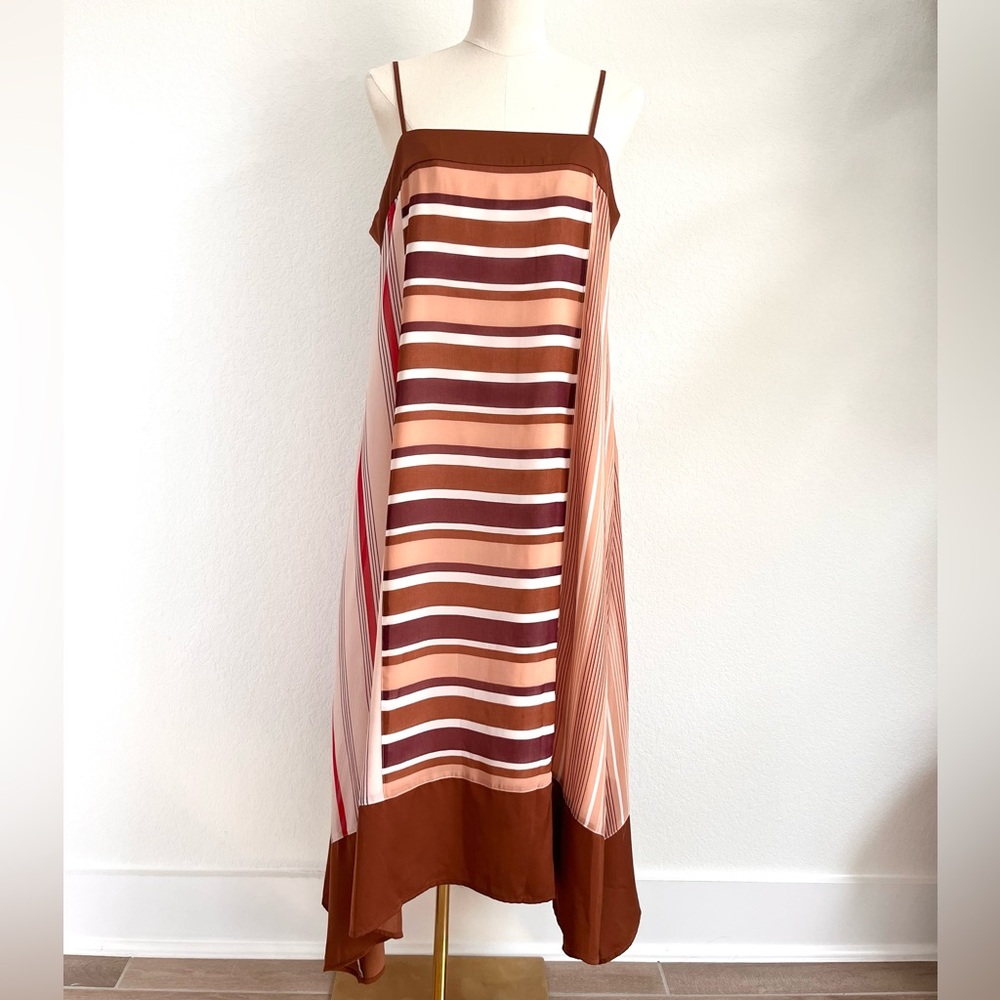 DKNY Brown Spaghetti Strap Stripe Print Maxi Sundress Women’s Size Medium